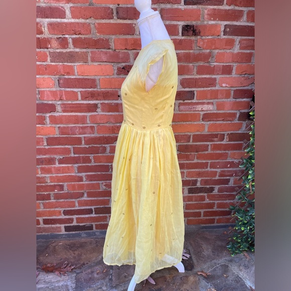 Vintage 50s Party Dress Dance Prom Yellow Satin Chiffon Fit Flare Size XS s - Picture 2 of 11